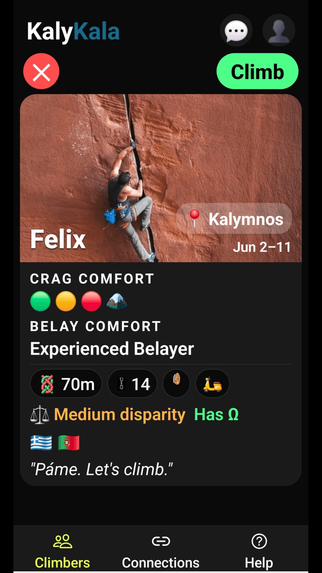 Swiping through climber profiles