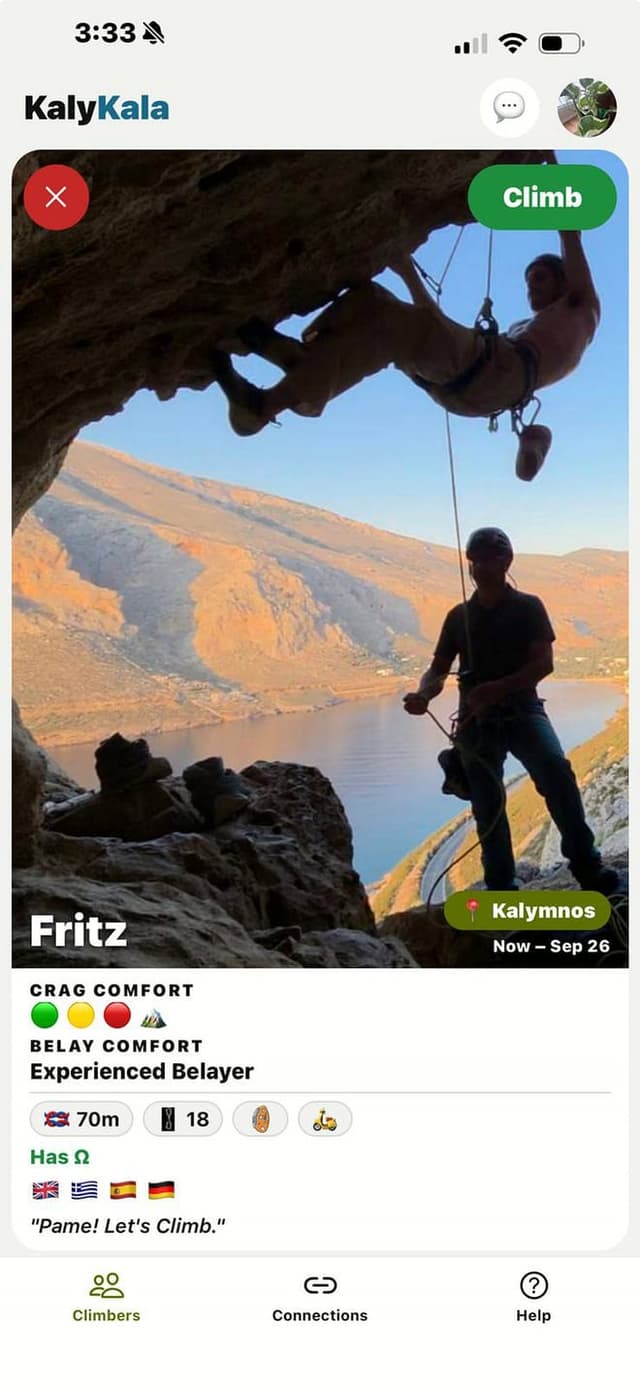 A climber's profile card in the KalyKala Climbers feed