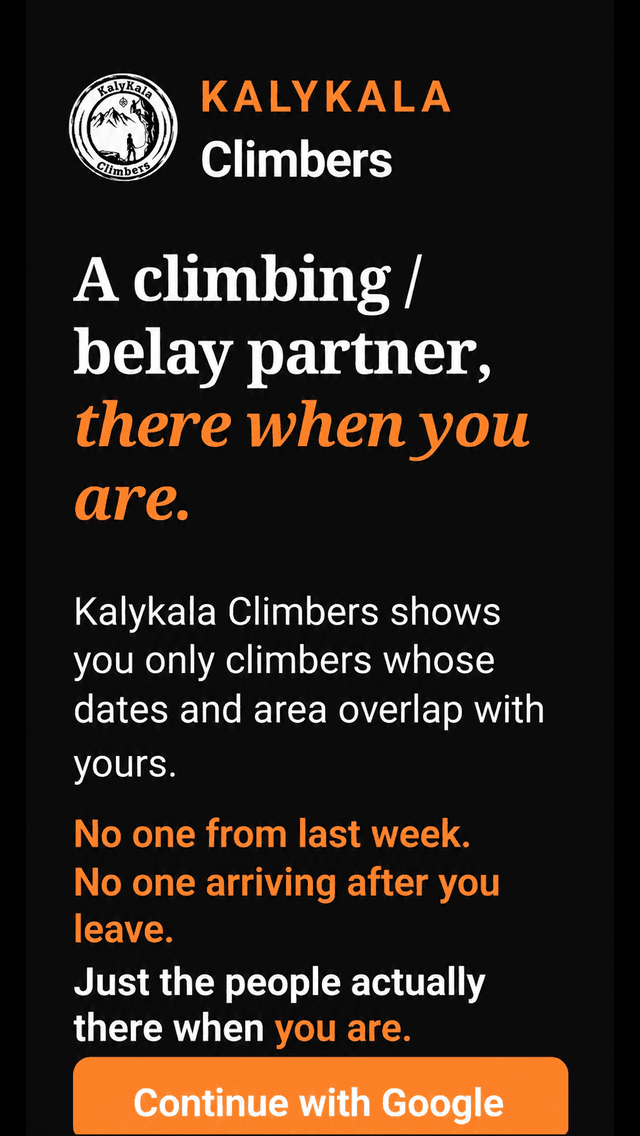 KalyKala Climbers welcome screen